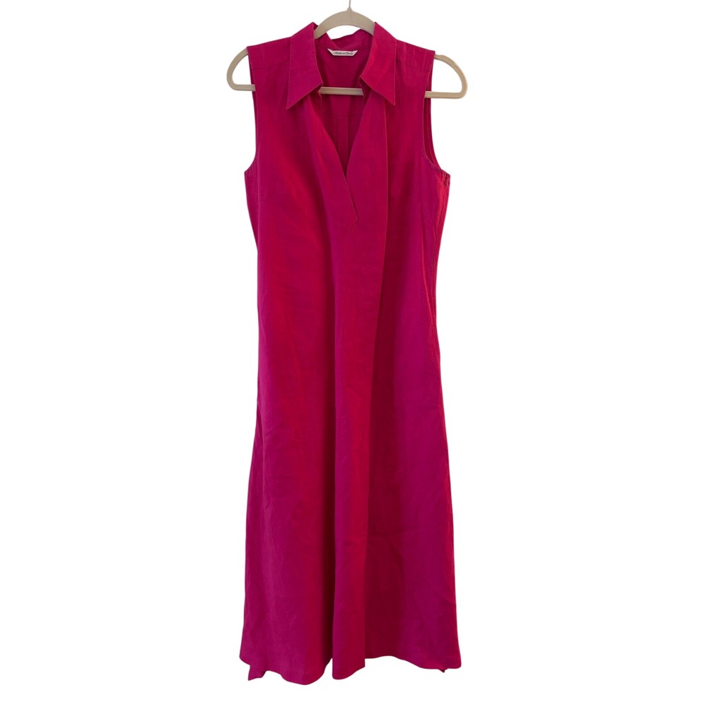 Max Mara Fuchsia Pink Linen Sleeveless‎ Collared V-Neck Midi Dress Medium
